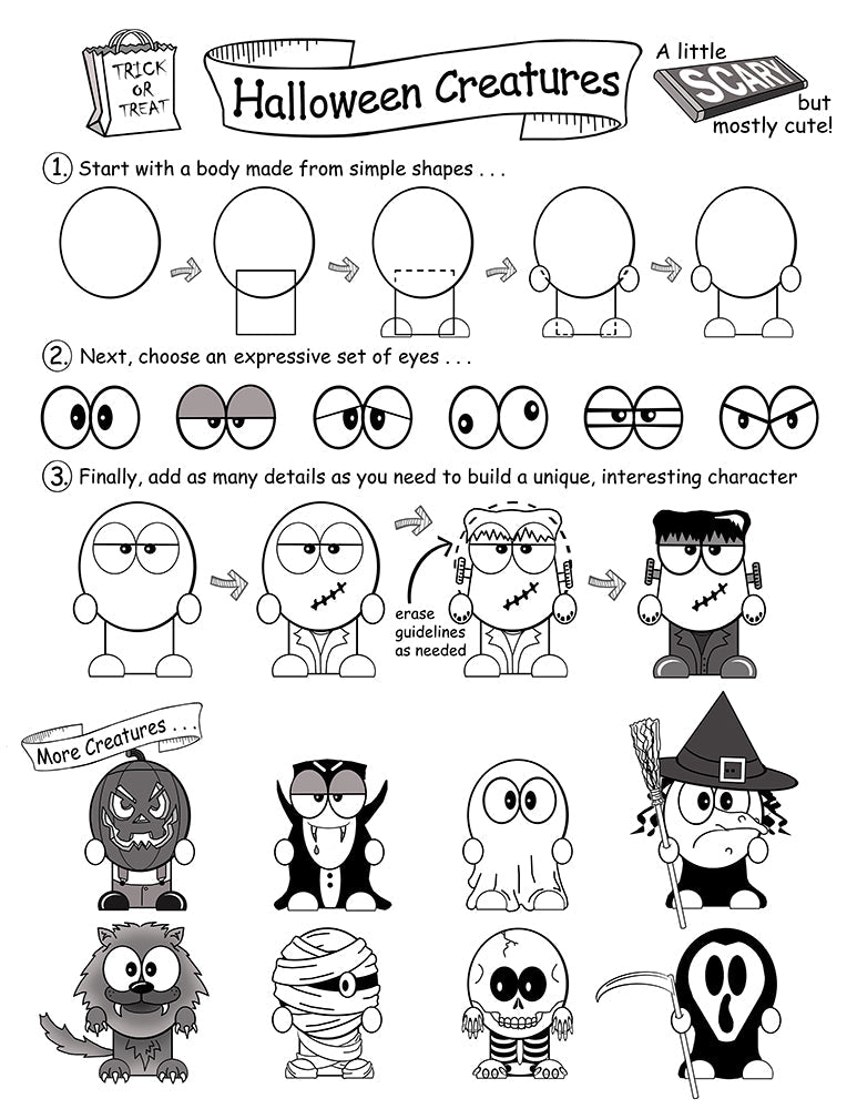 Step-by-step Halloween creatures drawing guide from 'How to Draw Cool Stuff: Holidays, Seasons and Events' by Catherine V. Holmes, featuring spooky characters