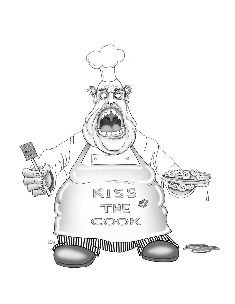 How to Draw Cool Stuff: Shading, Textures and Optical Illusions - How to Draw Cool Stuff
Picture of a zombie-looking cook with eyeballs on a serving dish and an apron that reads "kiss the cook". He is holding a cooking utensil in his other hand.