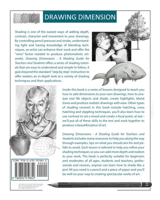 Back cover of 'Drawing Dimension: Shading Techniques' by Catherine V. Holmes, displaying a detailed pencil drawing of a hand and a page with text and illustrations, including a small sketch of a pear, showcasing shading methods for students and teachers