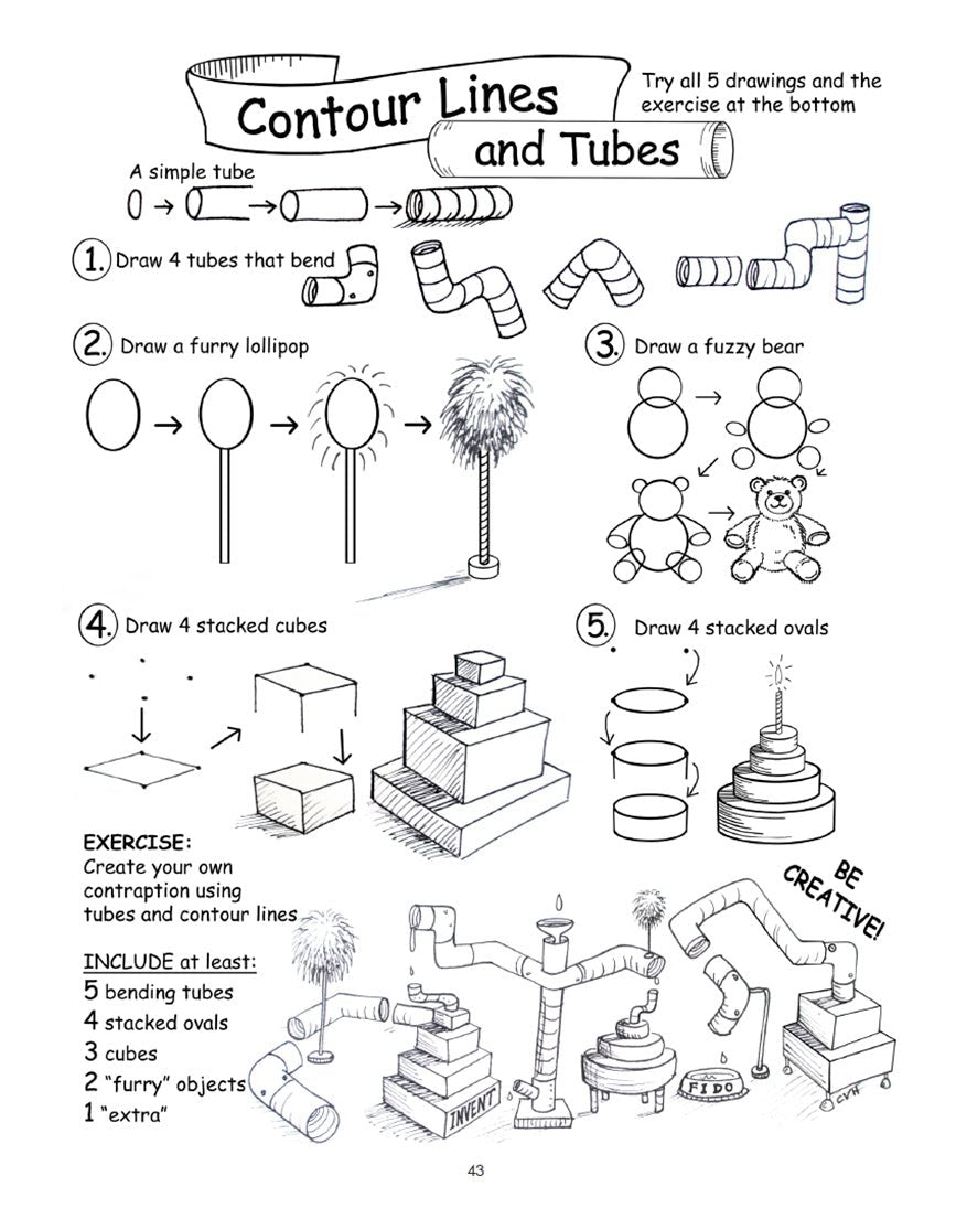 Step-by-step contour lines guide from 'How to Draw Cool Stuff: A Drawing Guide for Teachers and Students' by Catherine V. Holmes, featuring tube drawings with steps to show depth and form using contour lines, ideal for classroom lessons.
