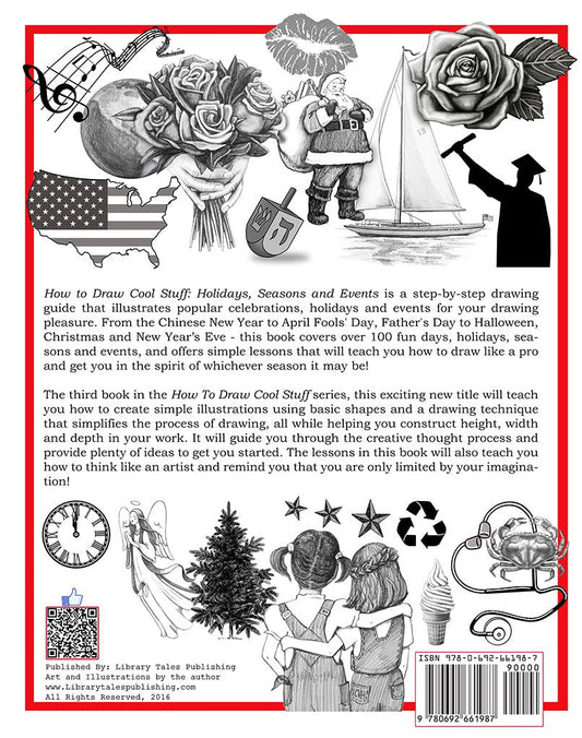 Rear cover of 'How to Draw Cool Stuff: Holidays, Seasons and Events' by Catherine V. Holmes, showing text and holiday sketches including a tree and Santa hat, guiding readers on festive drawing.