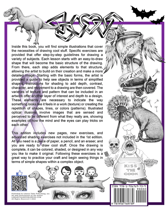 Rear cover of 'How to Draw Cool Stuff: Shading, Textures, Patterns, Optical Illusions' by Catherine V. Holmes, showing text and texture sketches like scales and bricks, teaching drawing techniques.